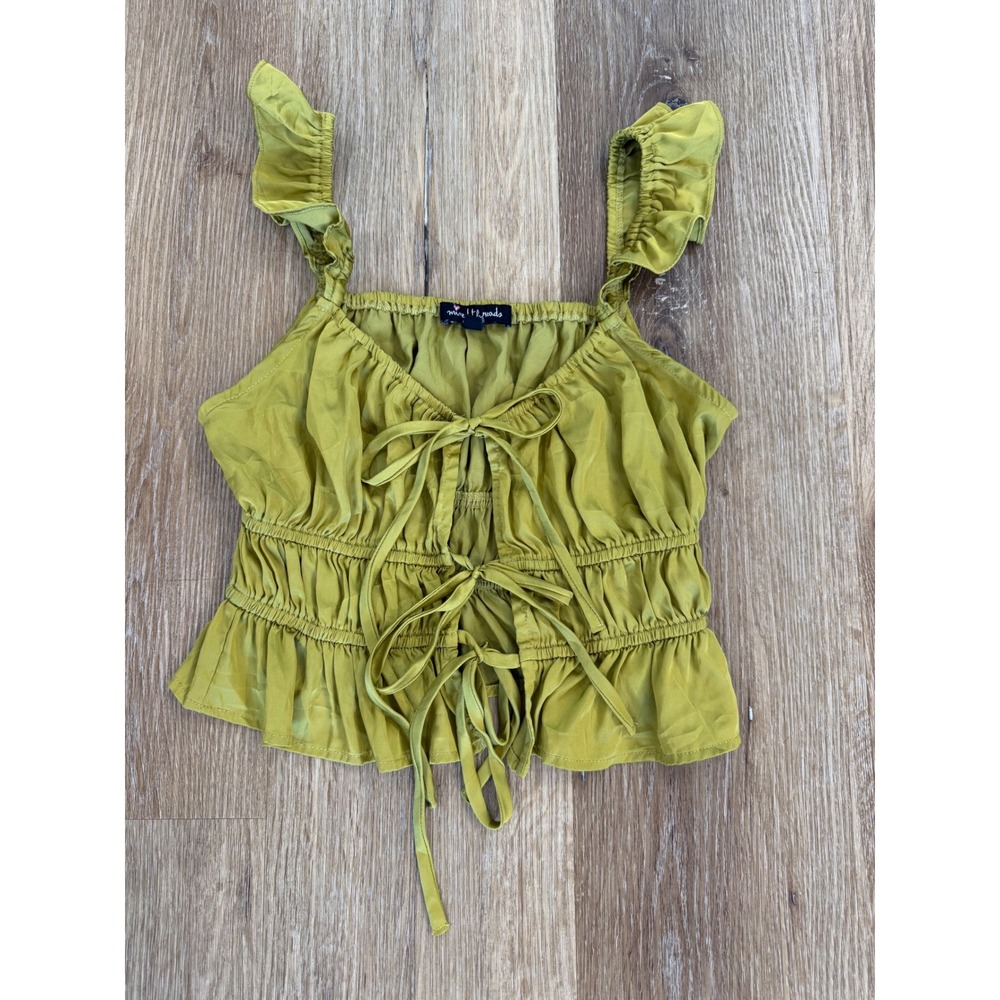 Y2K Mixed Threads Boho Fairycore Peplum Top Women XS Green Ruffle Tie Front Crop